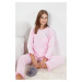 Trendyol Light Pink Printed Pocket and Ruffle Detailed Knitted Pajama Set