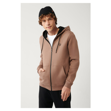 Avva Light Brown Unisex Sweatshirt Hooded Inner Collar Fleece 3 Thread Zipper Regular Fit