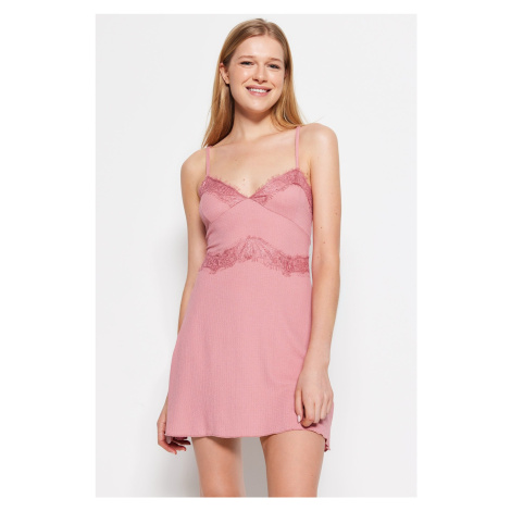 Trendyol Pink Lace Detail Knitted Crescent Nightgown.