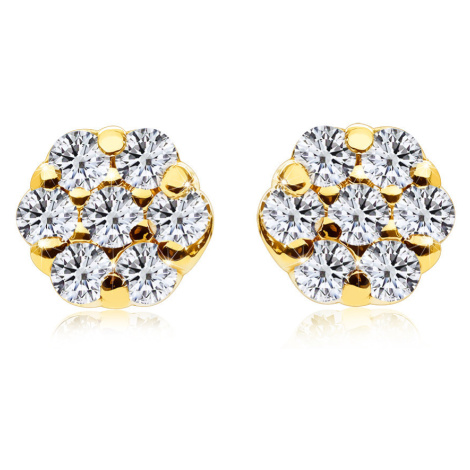 Diamantové náušnice zo 14K žltého zlata - malý kvet, okrúhle číre diamanty, puzetky