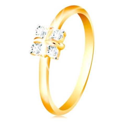 Zlatý 14K prsteň - lesklé zaoblené ramená, štyri číre zirkóny, krížik v strede - Veľkosť: 58 mm