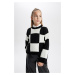 DEFACTO Girls Crew Neck Crop Checkered Sweater