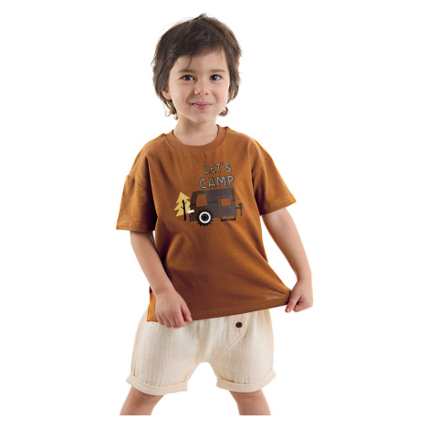 Denokids Baby Boy Kids Summer Muslin Shorts T-shirt Set with Camping Car