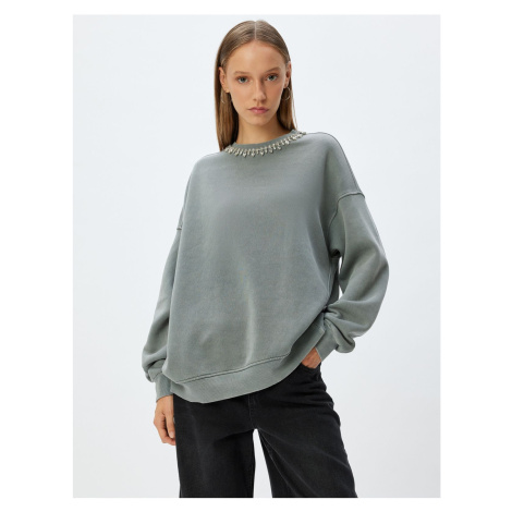 Koton Oversize Sweatshirt Stone Detailed Crew Neck Washed Raised