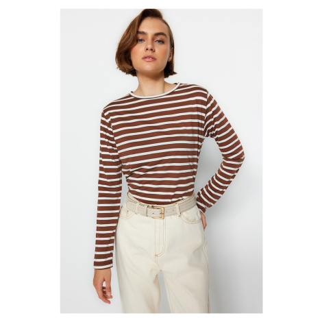 Trendyol Brown Striped Basic Crew Neck Knitted T-shirt