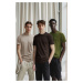 Trendyol Dark Brown-Mink-Khaki Basic Slim/Slim Cut 100% Cotton 3-Pack T-Shirt