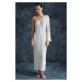 Trendyol Beige Belted Fitted Maxi Knitted Knitwear Effect One-Shoulder Beach Dress