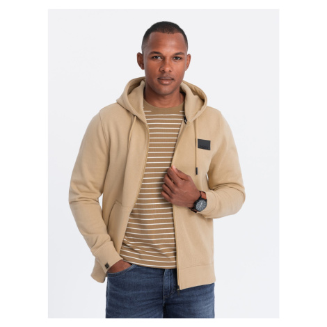 Ombre Men's unbuttoned sweatshirt with hood and patch - sand