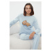 Trendyol Blue 100% Cotton Teddy Bear and Slogan Printed Knitted Pajama Set