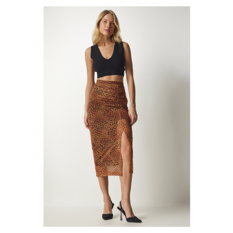 Happiness İstanbul Women's Orange Patterned Pleated Chiffon Skirt