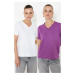 Trendyol Purple-White 100% Cotton 2-Pack Basic V-Neck Knitted T-Shirt