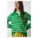 Happiness İstanbul Women's Vivid Green Buttoned Collar Striped Knitwear Sweater