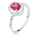 Strieborný prsteň 925 - oválny ružovočervený kamienok, zirkónová obruba - Veľkosť: 65 mm