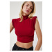Happiness İstanbul Women's Burgundy High Neck Gathered Crop Knitted Blouse