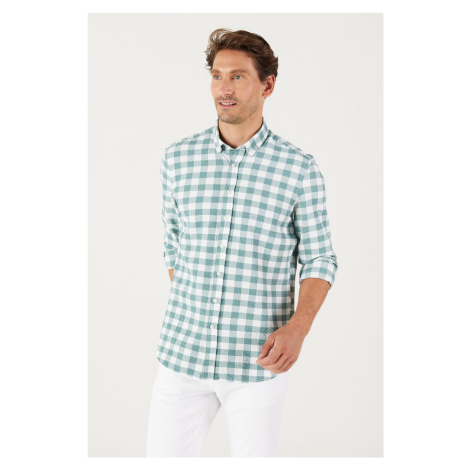 AC&Co / Altınyıldız Classics Men's White-green Slim Fit Slim Fit Button-down Collar Check Shirt