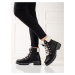 Pohodlné čierne dámske členkové topánky s plochým podpätkom