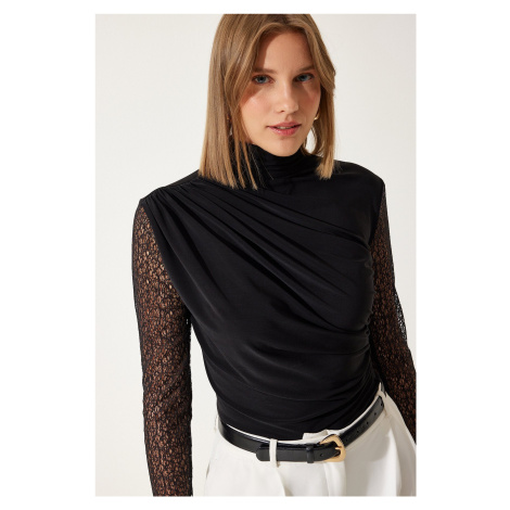 Happiness İstanbul Women's Black Lace Sleeve Gathered Knitted Blouse