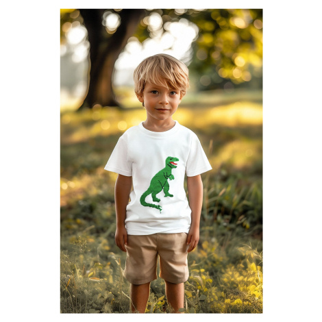 Trendyol White Boy's Dinosaur Sequined Short Sleeve Cotton Knit T-Shirt