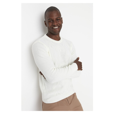 Trendyol Ecru Men's Slim Fit Crew Neck Patterned Knitwear Sweater