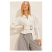 Trend Alaçatı Stili Women's White V-Neck Princess Crepe Blouse with Belt Detail on the waist and
