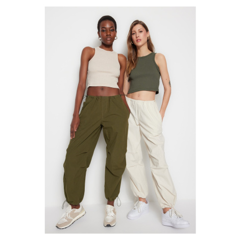 Trendyol Khaki-Beige 2-Pack Priliehavý Crop Halterneck Manšestr, Pružný Pletený Jednoduchý Tielk