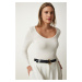 Happiness İstanbul Women's White Wide U-Neck Viscose Knitted Blouse