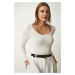 Happiness İstanbul Women's White Wide U Neck Viscose Knitted Blouse