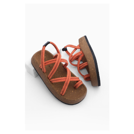 Marjin Women's Cork Sole Patterned Cotton Rope Cross Band Daily Sandals Hista Orange