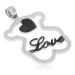 Oceľový prívesok - trblietavá silueta medvedíka, čierne srdiečko, nápis "Love"