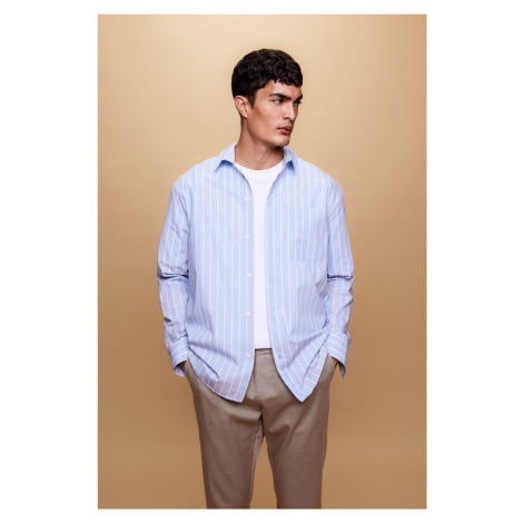 DEFACTO Relax Fit Polo Collar Striped Poplin Long Sleeve Shirt