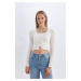 DEFACTO Coool Regular Fit Crop Button Closure V Neck Knitwear Cardigan