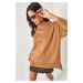 Olalook Women's Camel Crew Neck with Side Slits Oversized Thick Knitwear Sweater