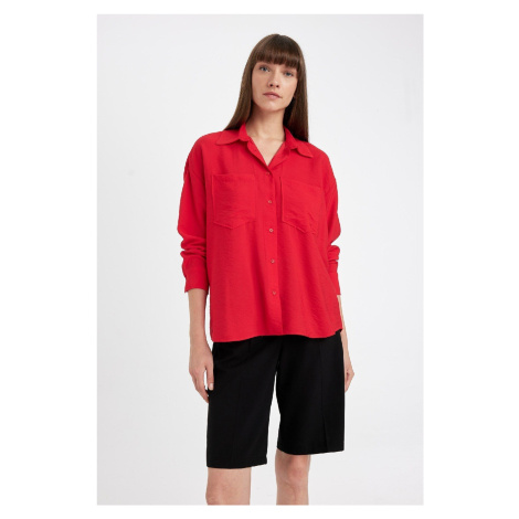 DEFACTO Oversize Fit Wide Mold Shirt Collar Basic Plain Red Long Sleeve Shirt