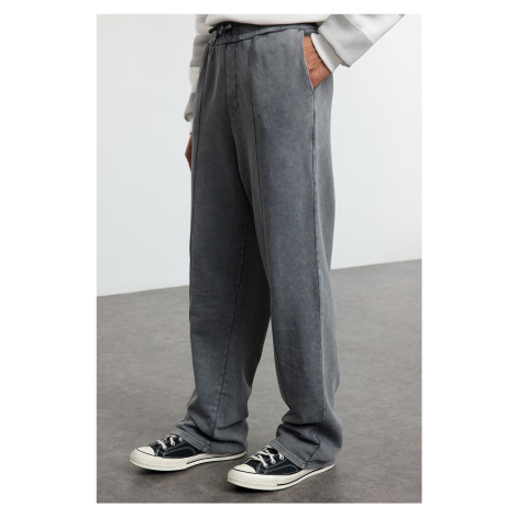 Trendyol Anthracite Wide Leg Ribbed Distressed/Faded Effect Basic Sweatpants