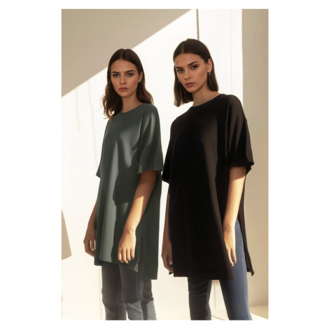 Trendyol Black-Khaki 2-Pack Slit Detailed Crew Neck Short Sleeve Basic Knitted T-Shirt