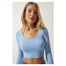 Happiness İstanbul Women's Sky Blue U Neck Ribbed Crop Knitwear Blouse