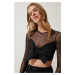 Happiness İstanbul Women's Black Bow Detailed Sheer Crop Blouse