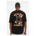 Trendyol Black pánsky uvoľnený/pohodlný strih tričko so 100% bavlnou Crew Neck s kvetinovou potl