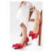 Mio Gusto Molly Red Color Velvet Mini Heel Women's Short Heeled Shoes with Bow