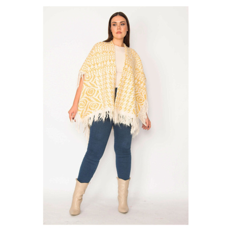 Şans Women's Plus Size Yellow Shawl Pattern Thick Knitwear Poncho With Tassel And Shimmer Detail