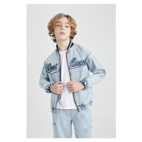 DEFACTO Boys College Collar Zipper Closure Pocket Seasonal Lightweight Printed Jean Bomber Jacke