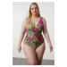 Trendyol Curve Multicolored Tropical Patterned V-Neck Knotted Swimsuit