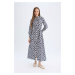 DEFACTO Shirt Collar Patterned Buttoned Belted Long Sleeve Maxi Dress