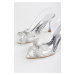 Shoeberry Women's Starla Silver Stone Bow Sheer Heel Shoes