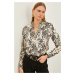 Olalook Women's Beige Black Patterned Woven Viscose Shirt