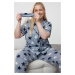 Trendyol Curve Blue Star Patterned Shirt Collar Knitted Pajama Set