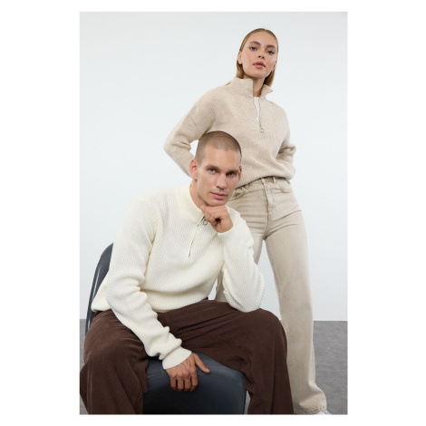 Trendyol Ecru Casual Regular Couple Half Turtleneck Plain Knitwear Sweater