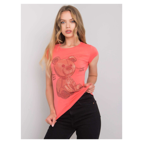 Women's coral T-shirt with rhinestones