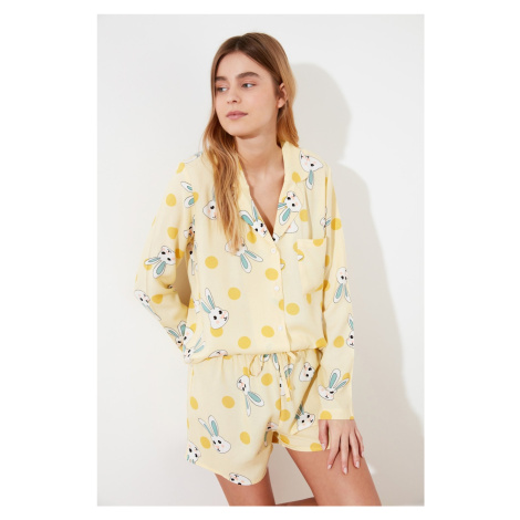 Trendyol Yellow Rabbit Pattern Viscose Shirt-Shorts Woven Pajamas Set