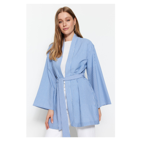 Trendyol Weave Priehľadné pruhované kimono & Kaftan s modrým pásom